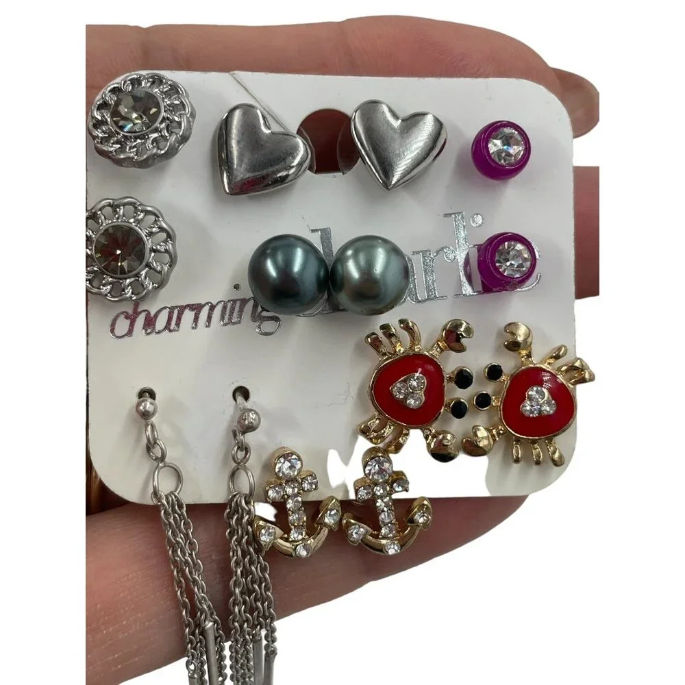 Set Of 9 Charming Charlie Mixed Metal Stud & Dangle Earrings With Crab Anchor & - Picture 6 of 7